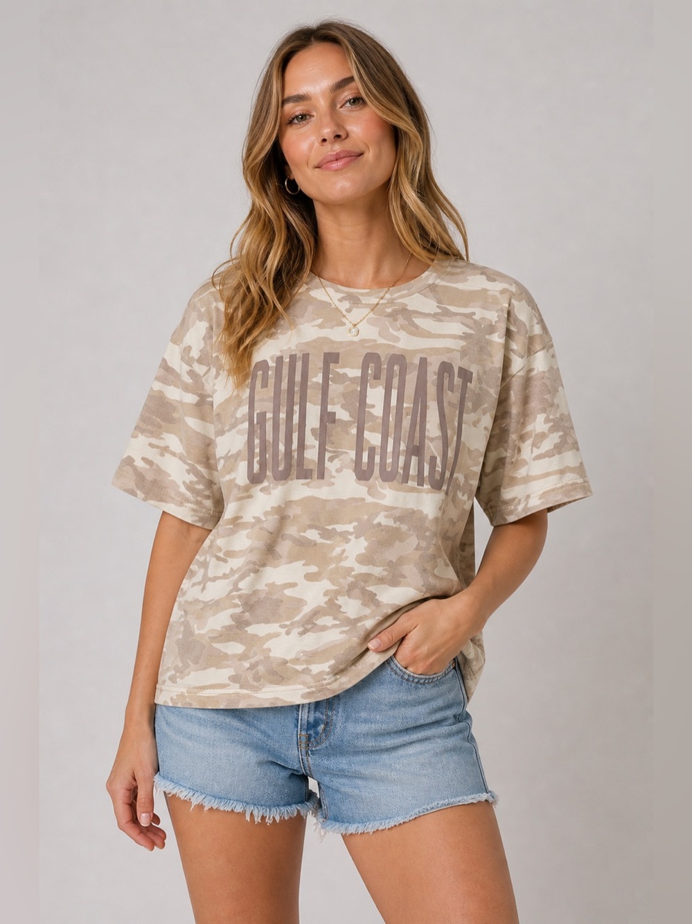 NEW Gulf Coast State Camo Graphic Tee Neutral Beige Cotton Casual Oversized XL